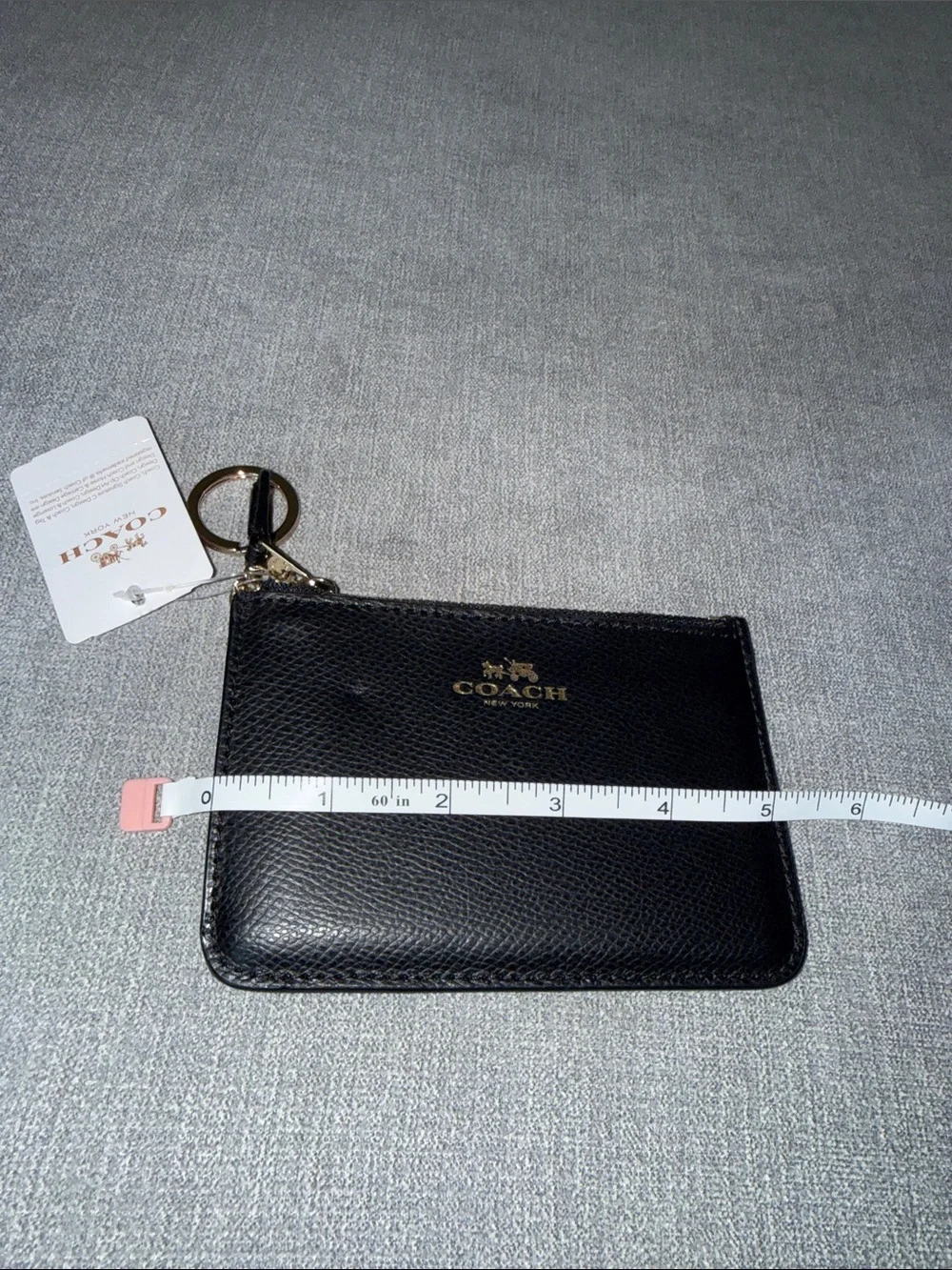 Coach Black Leather Zip Card Case with Gold Keyring